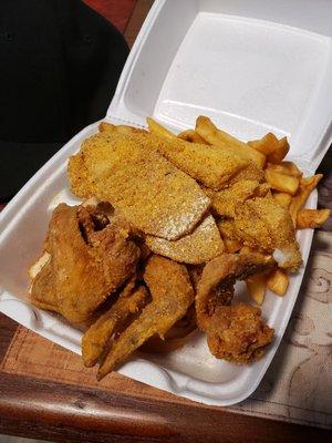 Fish and wings combo...come with Cole slaw,fries,and 2 slices of bread.