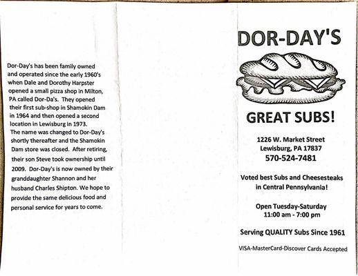 Dor-Day's Sub Shop menu - cover