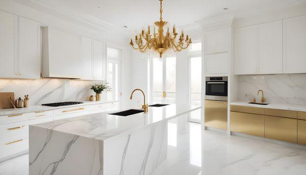 Elegant white kitchen with smooth surfaces, golden accents, and a stunning stone countertop with beautiful veining. A blend of modern luxury