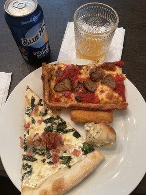 The Maxwell and a Grandma slice with meatballs, mozzarella stick and garlic knots.