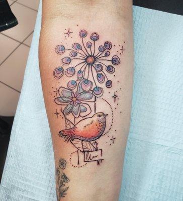 Bird and Flower tattoo by artist Sarah Mooney