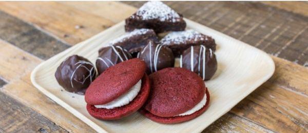 Small Bite Desserts... Red Velvet Whoopie Pies, Brownie Bites, Chocolate Covered Red Velvet Bon Bon Truffles