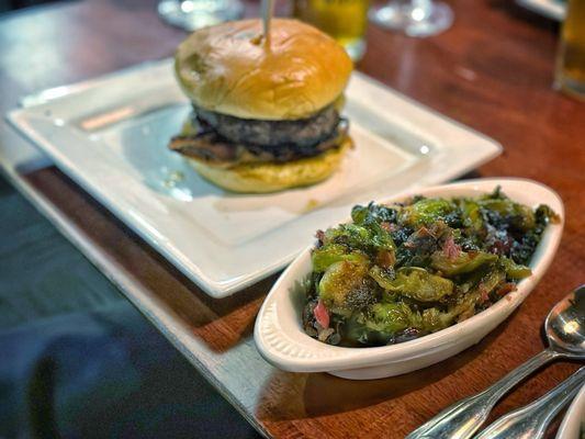 Brussels sprouts side and bacon burger