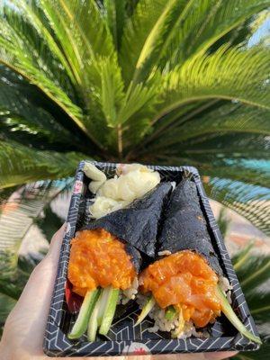 Spicy salmon hand rolls