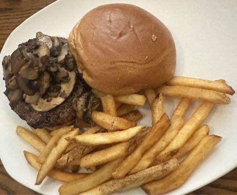 Burger with "add on" of mushrooms which were super salted which took away from the burger. Fries were soggy