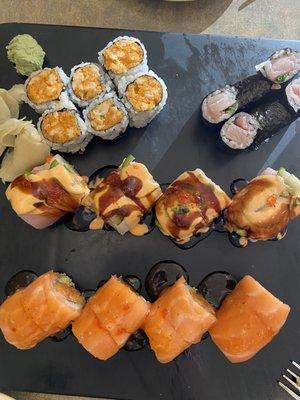 Spicy Shrimp Crunch Roll, Yellowtail Scallion Roll, Uni Beach Roll, and the Orange Roll