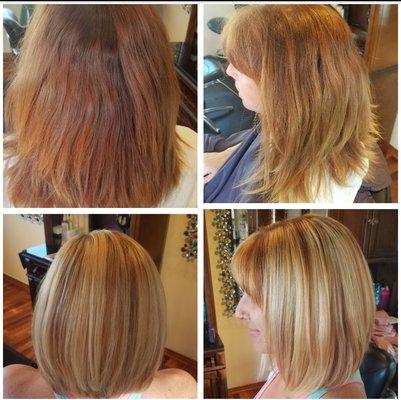 Full head of thin blended in highlights and a haircut