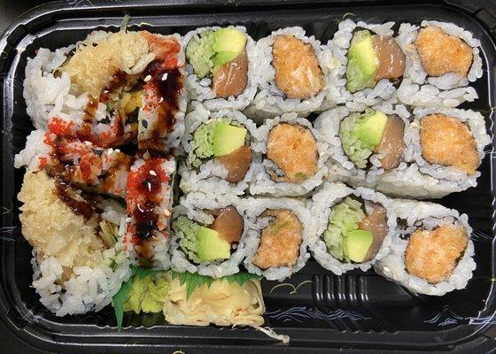 Shrimp Tempura, Alaskan Roll, Spicy Yellowtail Roll