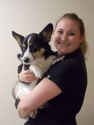 Lindsay our lodging (kennel) manager and her very sweet Boomer  at White Oaks West Animal Hospital!