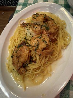 Shrimp Francese over pasta