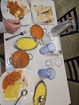 Tikki Masala and chicken Korma with Garlic and Plain Naam bread