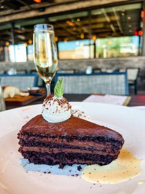 Chocolate cake: valrhona chocolate, hazelnut ganache, vanilla ice cream