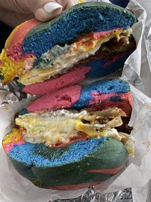 Rainbow Bagel with Bacon Egg Sandwich