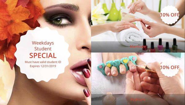 Student Special: Takes 10% OFF on manicures & pedicures on weekdays.