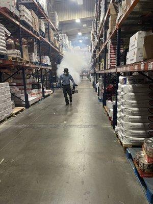 Fogging conducted in warehouse for stored product pest. We offer cold or thermal foggings