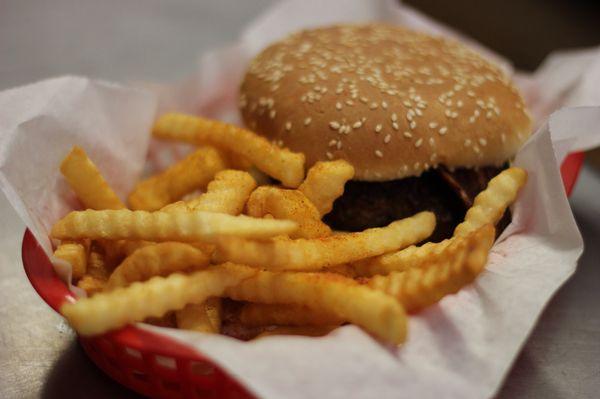 Bacon cheeseburger and fries