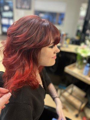 Red pop, hair color, gun by Michele Eastwood