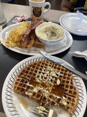 Waffle, home fries, grits, bacon