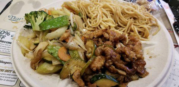 Chow mein, vegetable stir fry and chicken mushroom stir fry.