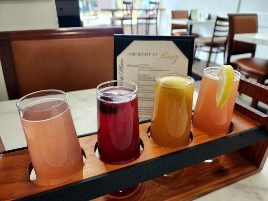 Fall mimosa flight: guava, blackberry, Apple cider, prickly pear