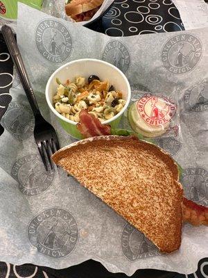 Chicken Salad BLT (kickin kay lynne salad) white bread with pasta salad.