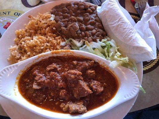 Rojo pork with rice, beans and corn tortillas