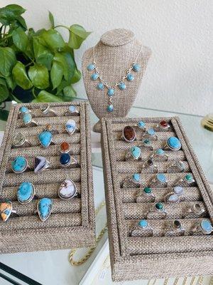 Turquoise jewelry is made from the vibrant blue-green gemstone turquoise, prized for its striking color and natural veining.