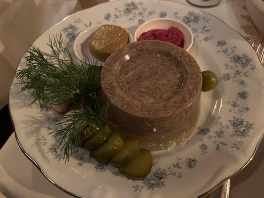 Kholodetz - beef chilled into gelatin, pretty good.  Served w horseradish and mustard, both v strong flavored