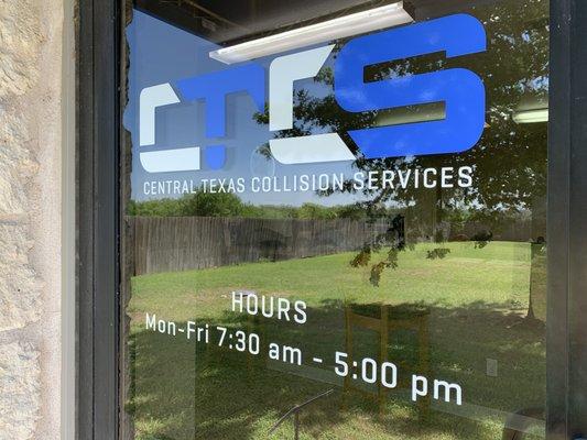 Exterior window decal for Central Texas Collision Services in Buda