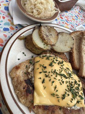 Schnitzel with fried egg and cheese. Perfect. Tender as butter.