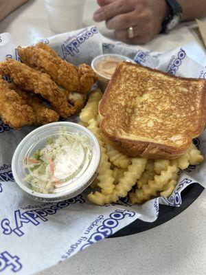 Box of chicken tenders, coleslaw, toast & fries