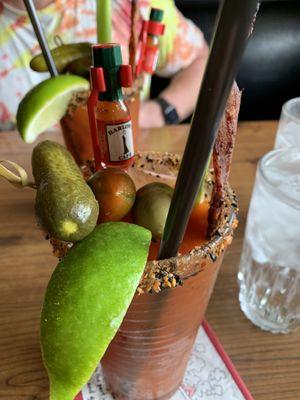 Bloody Mary mix custom made at Harlow's with organic vodka and standard garnish.