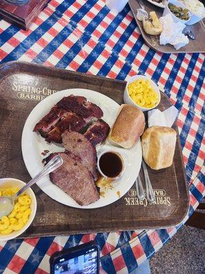 Fresh bread , mac and cheese , brisket , Baby Back Rib Dinner