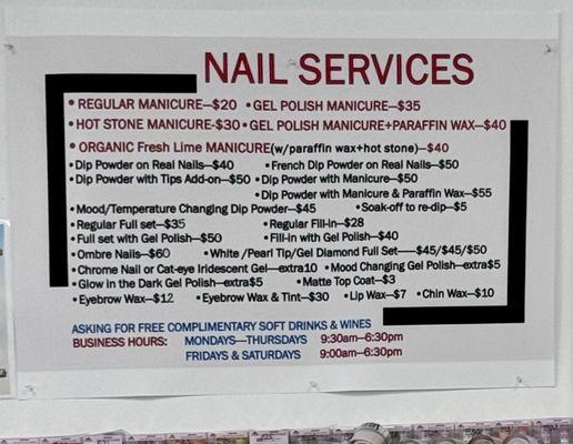 Prices (as of 6-2024) for Nail and Waxing Services