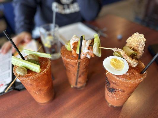 We tried one of each Bloody Mary on the menu- ‍that is fried chicken on the last one! Delicious