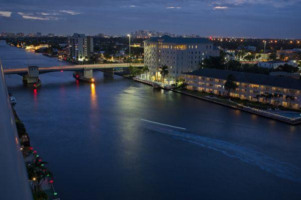 The view of the Intracoastal Waterway from our room on the 10th floor.  Oakland Park Bridge in the background.