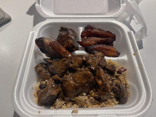 Grilled Jerked Chicken with rice and beans, and Plantains