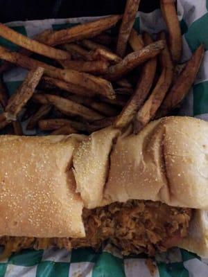 8" chicken cheesesteak sub with fresh cut fries.