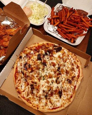 Soy Garlic Chicken, Spicy Bulgogi Pizza (medium), Sweet Potato Fries, Cabbage