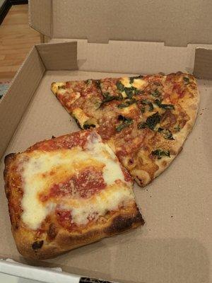 Sicilian slice (bottom) and grandma's slice (top)