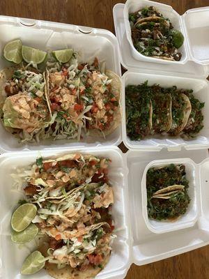 Assorted tacos: asada, carnitas, lengua and fish