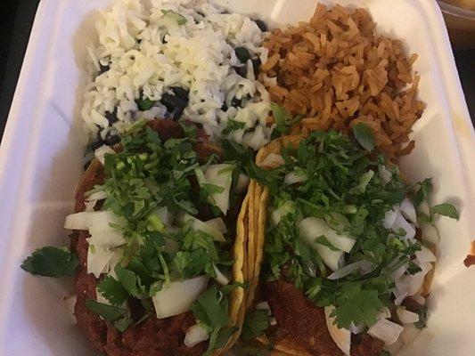 Birria taco with rice and beans