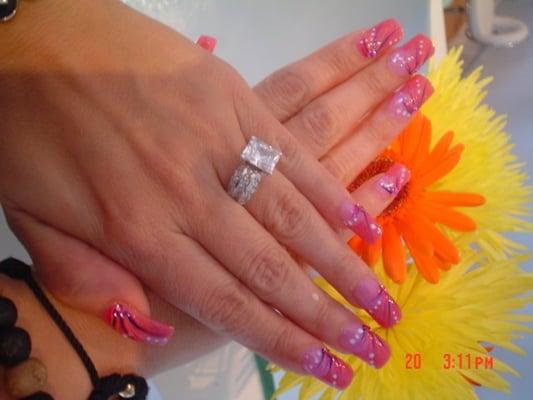 sculptured pink & white acrylics with hand painted nail art on Diana