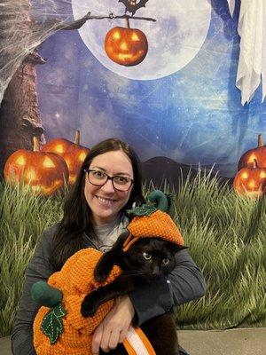 My little pumpkin Arthur at Roosevelt Station Vet Care's super cute Halloween photo booth!