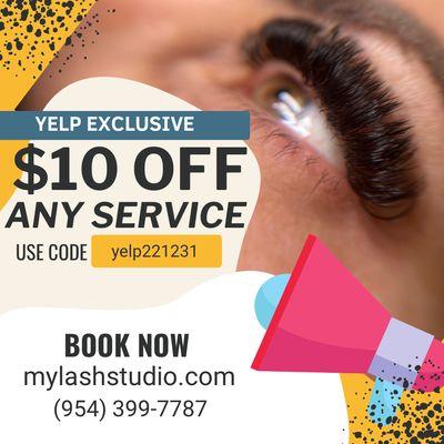 $10 OFF any service. Yelp Exclusive.BOOK NOW Online: mylashstudio.com
Call: (954) 399-7787
CODE: yelp221231
or present this at checkout.