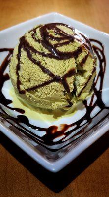 Green tea ice cream with chocolate syrup. Don't know the calories but so good!