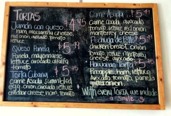 Menu of Tortas (there's also salads and smoothies)