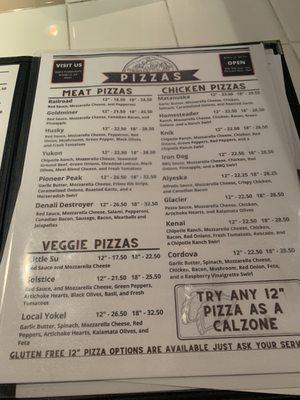 Pizza menu