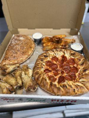 Special requests involving calzone,wings and stuff crust pepperoni pizza!