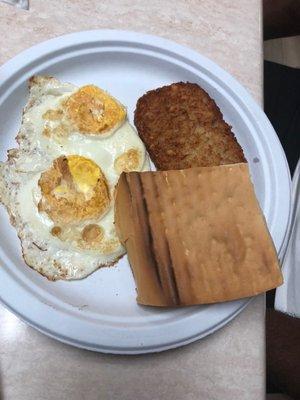 Plain omelette, Cuban toast and hash brown.